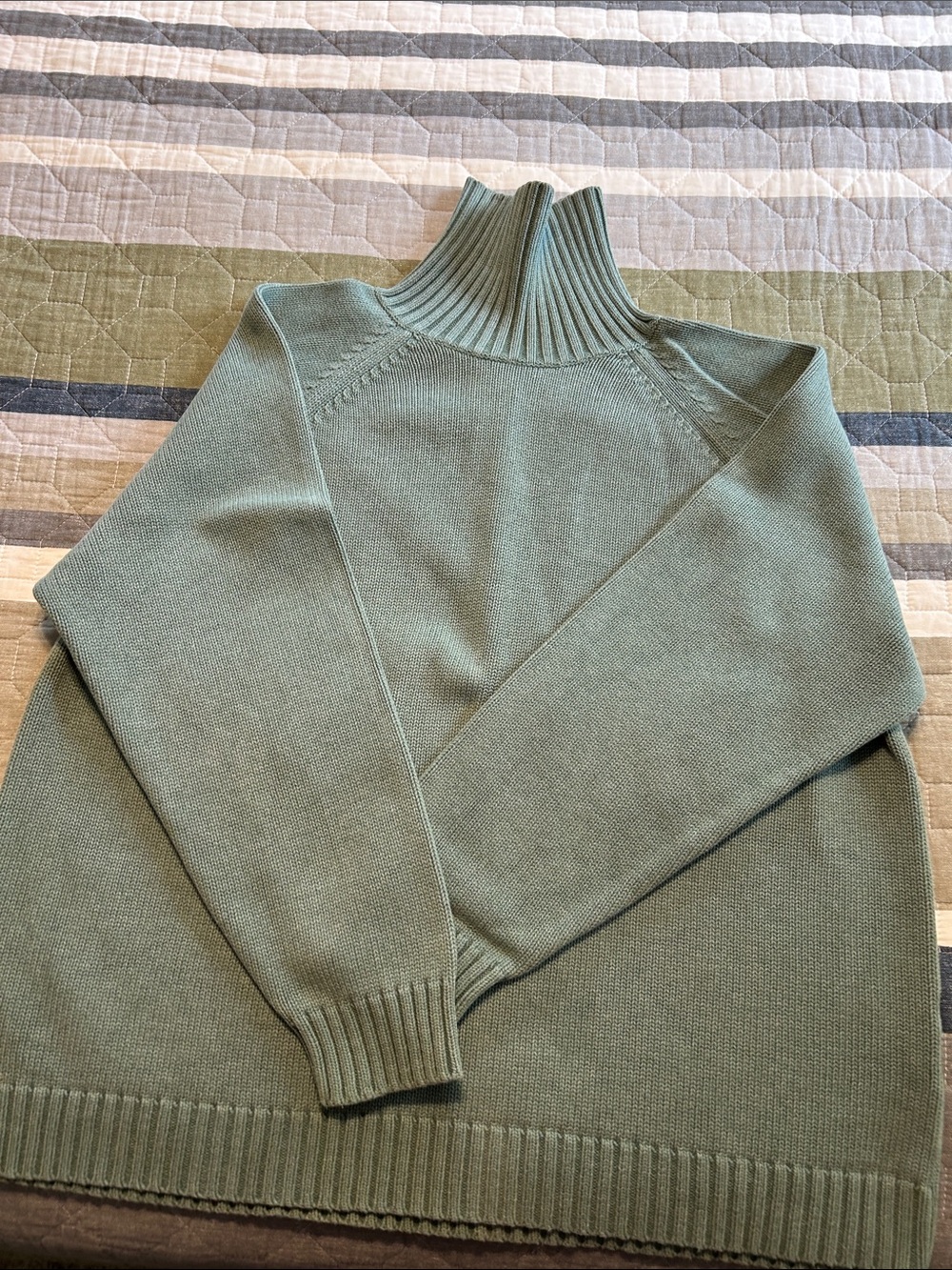 Lands' End Sage Green Ribbed Funnel-Neck Sweater